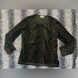 Notations Women’s Large Black & Gold Glittery Design Long Sleeve Velvet Top